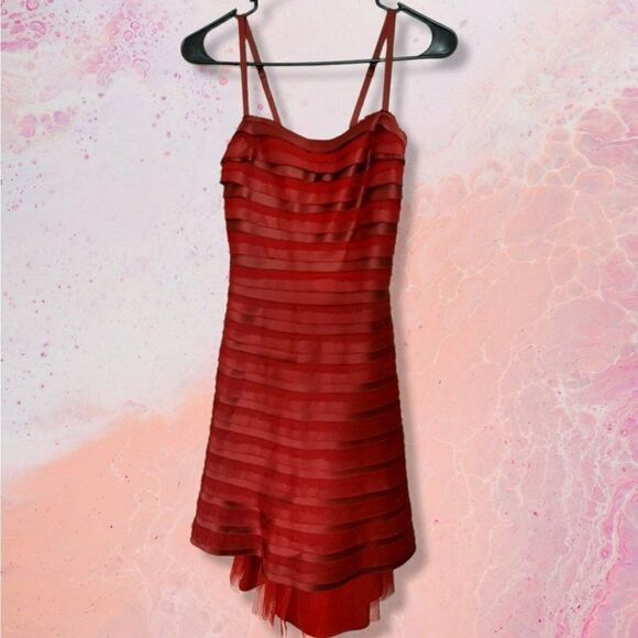 BCBGMax Azria Fit and Flare Layered Silk and Satin Dress in Dark Red sz 0 - Picture 2 of 8